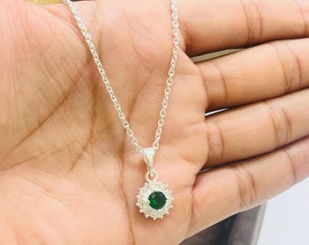 Handcrafted Silver green Stone Pendant with Chain - Boho Jewelry