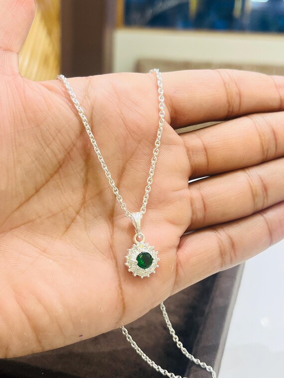 Handcrafted Silver green Stone Pendant with Chain - Boho Jewelry