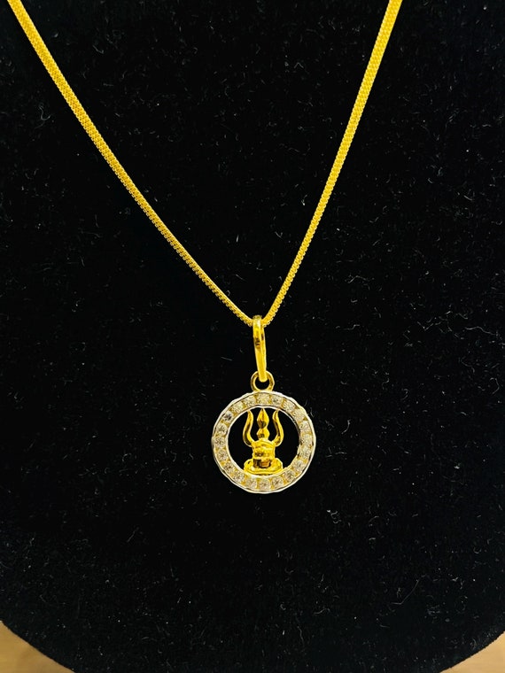 18k Gold Trishul Pendant: Diamond Accent, Hindu Jewelry