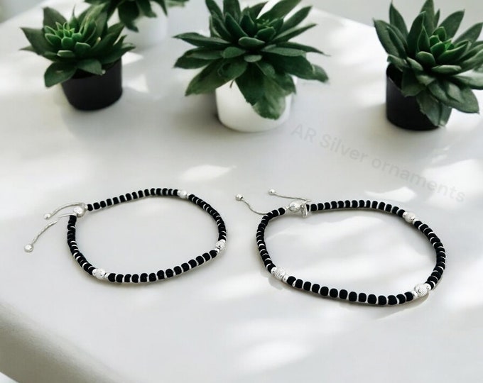 Featured listing image: Sterling Silver Black Beaded Anklet - Adjustable Protection Bracelet - Black Nazariya Anklet Gift