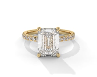 18K Gold Emerald Cut Moissanite Engagement Ring: Solitaire Pave Band