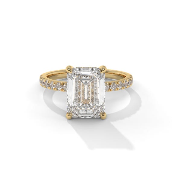 18K Gold Emerald Cut Moissanite Engagement Ring: Solitaire Pave Band