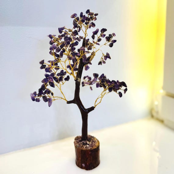 Amethyst Crystal Gemstone Tree with Wooden Base – Handmade Wire Bonsai for Home Office Vastu Decor Gift