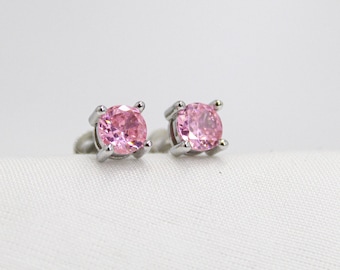Pink Stone Stud Earrings for Women, Silver Tone Round Crystal Studs