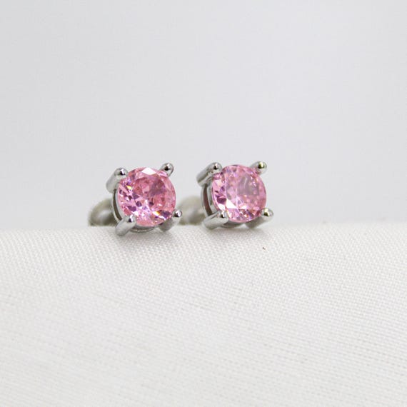 Pink Stone Stud Earrings for Women, Silver Tone Round Crystal Studs