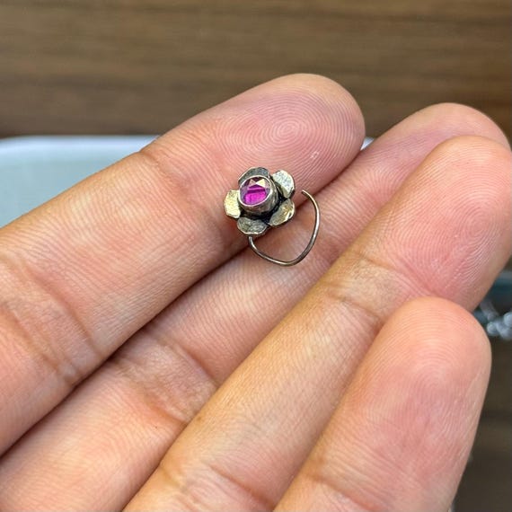 Antique Design Sterling Silver Nose Pin | Green, Ruby & CZ Stone Nose Studs | Oxidized Silver Nath for Women | Indian Nose Jewellery