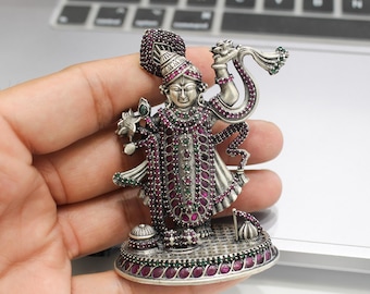 Estatua artesanal de Shrinathji, murti de Krishna en tono plateado, figura de piedra rubí, decoración para templo doméstico.