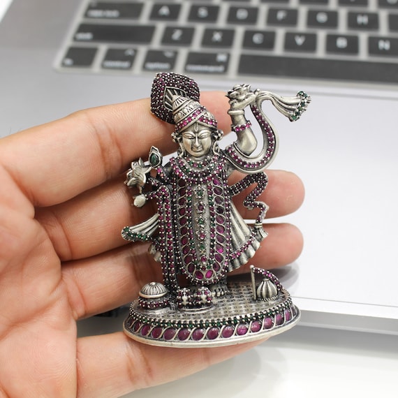 Handcrafted Shrinathji Idol Statue, Silver Tone Krishna Murti, Ruby Stone Figurine, Home Temple Decor