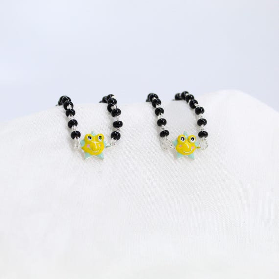 Sterling Silver Baby Bracelets - Black Beads and Smiley Sun Charms