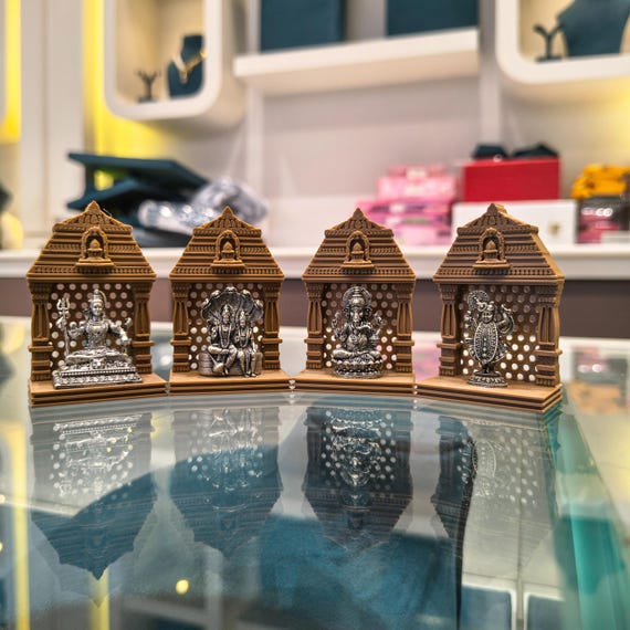 925 Sterling Silver Mini Temple Idol | Wooden Mandir Frame, Diwali Gift