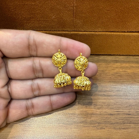 Indian Gold Jhumka Earrings, 22k Traditional Dangle (Lightweight)