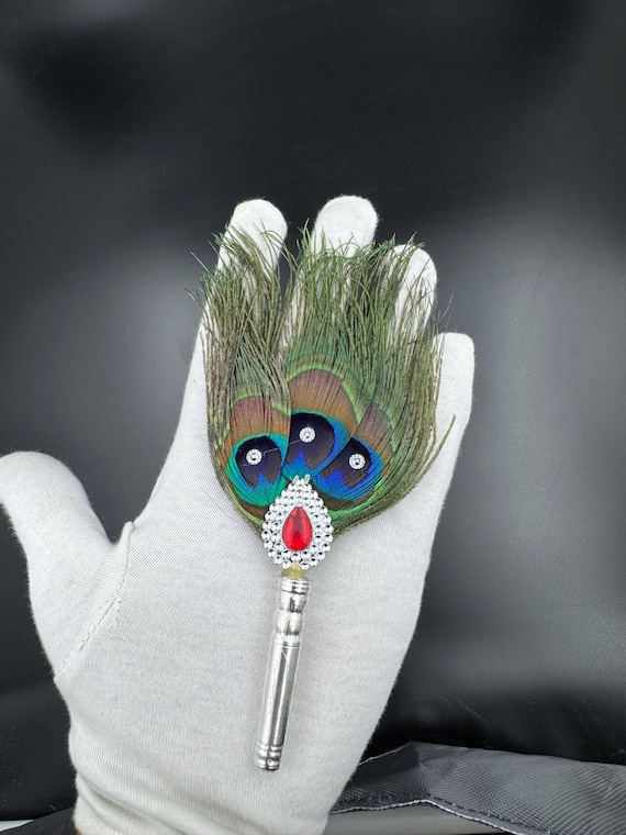 Pure Silver Peacock Feather with Gemstone – Handmade Krishna Mukut & Hindu Pooja Accessory, Spiritual Gift Mor Pankh Decoration