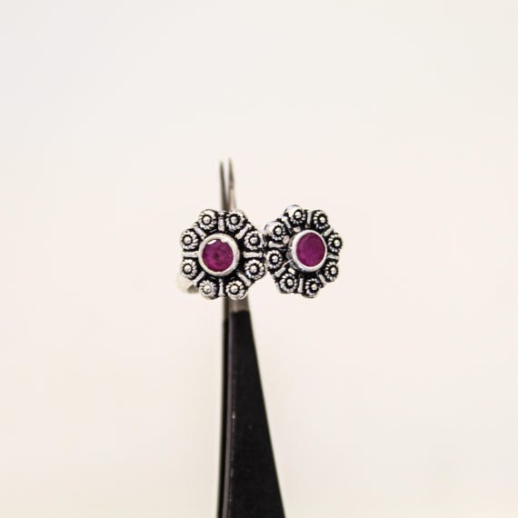 Silver Floral Toe Ring with Pink Stone, Adjustable Bichiya for Women, Oxidized Indian Foot Jewelry, Boho Footwear Accessory Gift