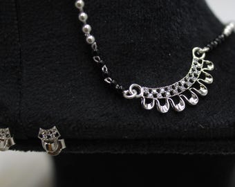 Sterling Silver Mangalsutra Necklace - Black Beads with CZ Detail