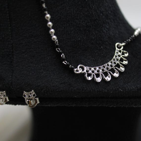 Sterling Silver Mangalsutra Necklace - Black Beads with CZ Detail