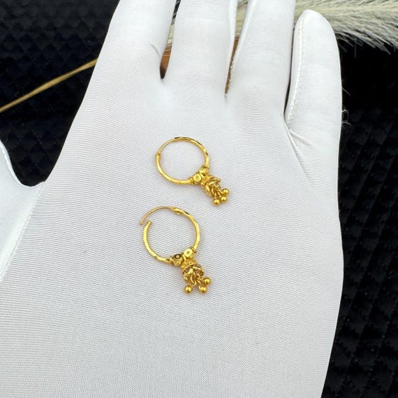 18K Gold  Indian Hoop Earrings | Handmade Small Gold Bali with Dangle | Ethnic Gold Earrings for Women & Girls | Lightweight Daily Wear