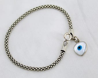 Silver Evil Eye Bracelet - Beaded Chain with Nazar Charm