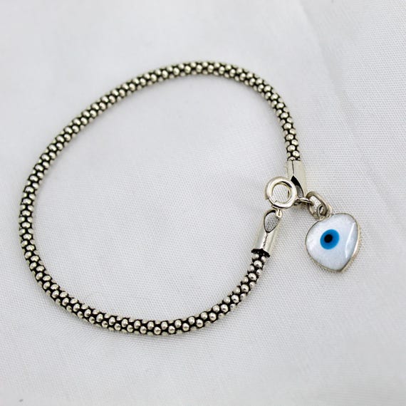 Silver Evil Eye Bracelet - Beaded Chain with Nazar Charm