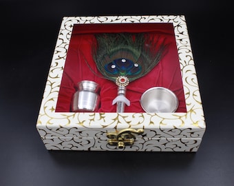 Silver Pooja Set: Handmade Hindu Worship Kit with Peacock Feather Fan