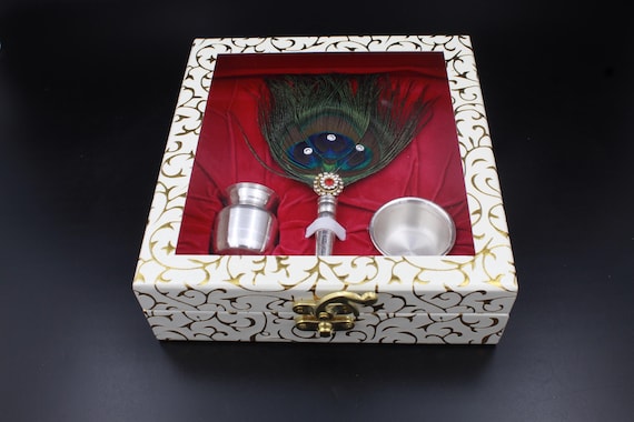 Silver Pooja Set: Handmade Hindu Worship Kit with Peacock Feather Fan