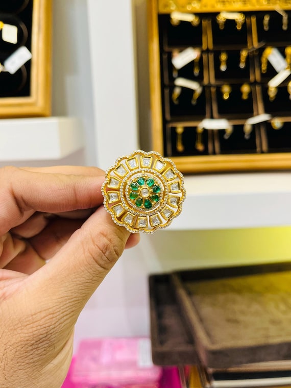 Adjustable 925 Silver Gold-Plated Ring: Green Stone Statement Jewelry