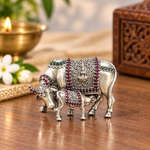 925 Silver Kamdhenu Cow Sculpture with Ruby Emerald Accents | Spiritual Home Decor Ornament