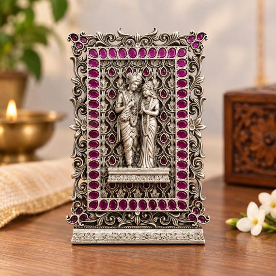 925 Silver Radha Krishna Frame, Purple Gemstone Sacred Decor, Meditation Temple Gift