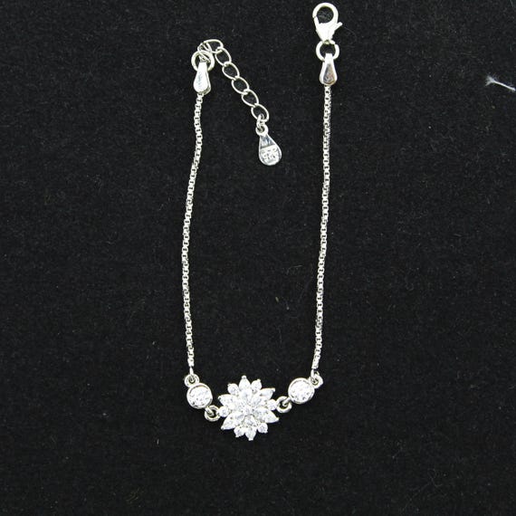 Sterling Silver Bracelet: Floral CZ Centerpiece - Adjustable Size