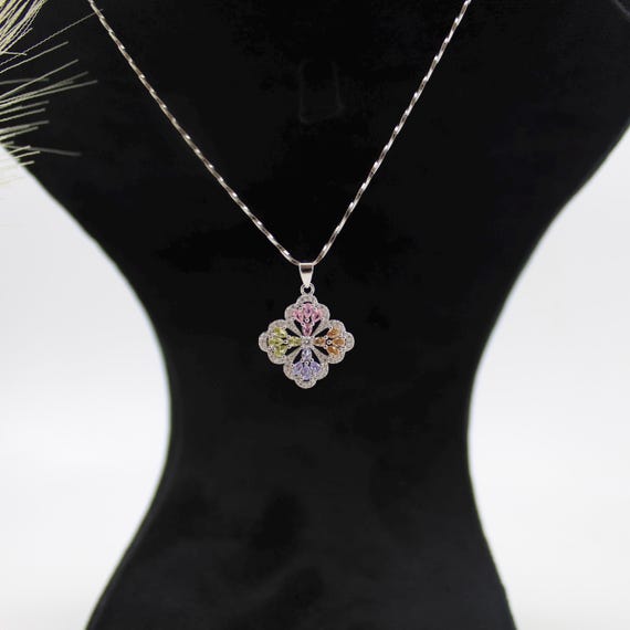 Floral Pendant Necklace: Multicolor CZ Charm - Silver Tone Chain