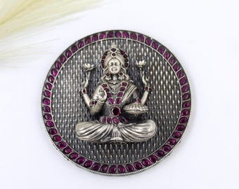 Antique Silver Coin Pendant, Hindu Goddess, Purple Gemstones (Sterling 925)