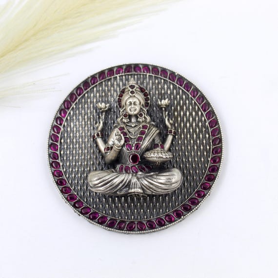 Antique Silver Coin Pendant, Hindu Goddess, Purple Gemstones (Sterling 925)