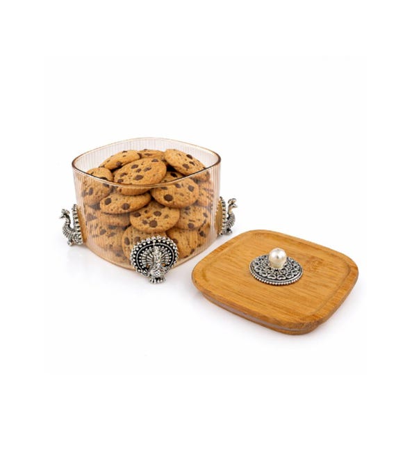 Silver Peacock Jar, 999 Fine Detail, Glass Dry Fruit Storage