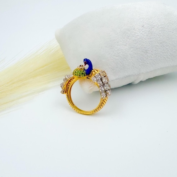 22K Gold Handmade Peacock Ring: Enamel & Cubic Zirconia Indian Jewelry