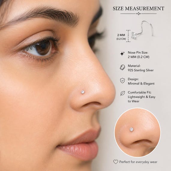 2mm Tiny Nose Stud 925 Sterling Silver | Minimalist Dainty Nose Pin | Small Crystal Nose Ring for Women | Everyday Lightweight Nose Jewelry
