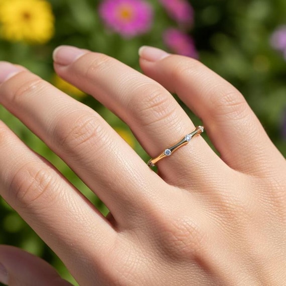 Diamond Gold Ring: Elegant Thin Band - Sparkling Accent Stones