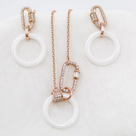 Sterling Silver Earrings and Necklace Set - Minimalist White Circle Design