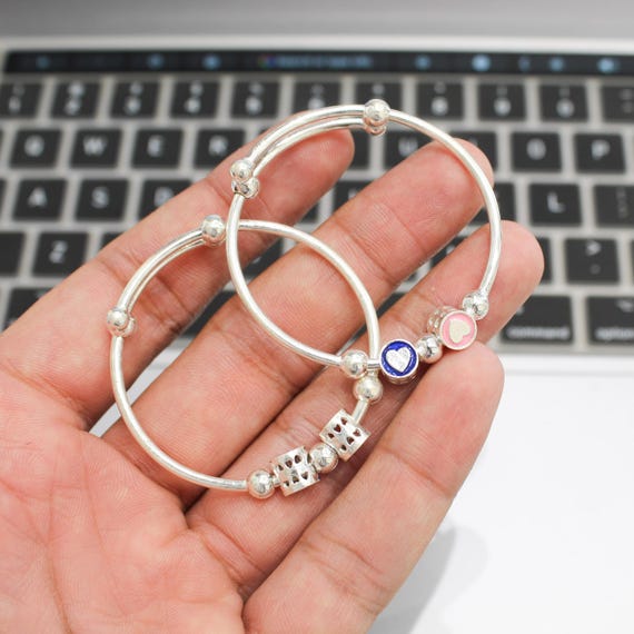 925 Sterling Silver Kids Bracelet Pair, Heart Charm Baby Bangles, Adjustable Silver Kada for Girls, Handmade Children Jewelry Gift Set