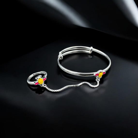 925 Sterling Silver Baby Kada with Attached Ring | Planet Design Kids Bracelet with Ring Set | Adjustable Silver Nazariya for Boys & Girls