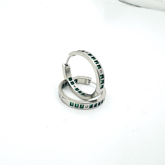 Silver Hoop Earrings in 925 Sterling Green Baguette Stones and Crystal Accents