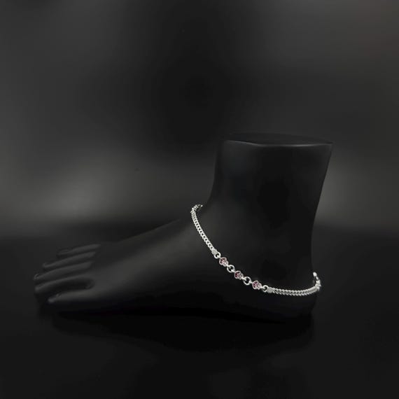 Handmade Silver Anklet Pair with Pink Stone Accents – Elegant Adjustable Foot Jewelry for Women