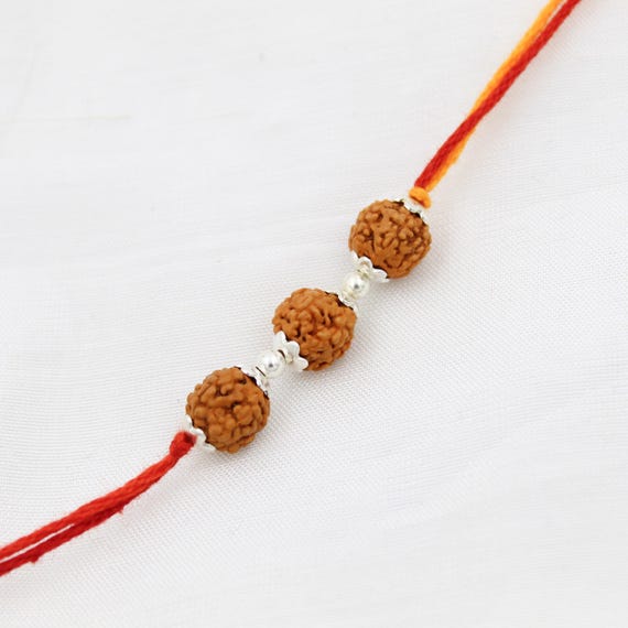 Handmade Silver Rudraksha Rakhi, Traditional Spiritual Beaded Bracelet For Brother