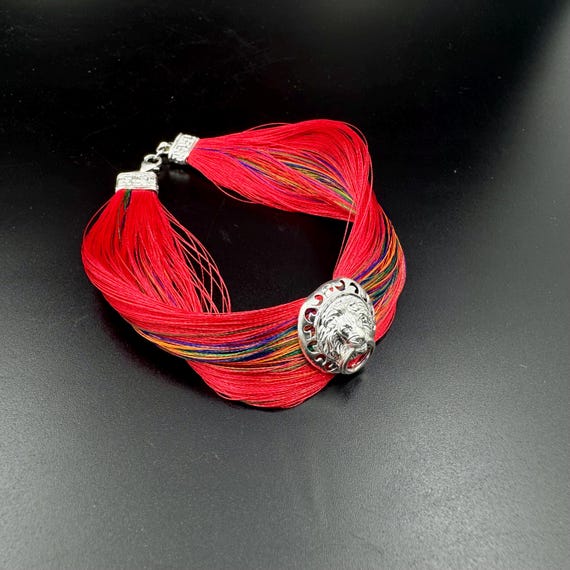 Silk Thread Bracelet with Silver Lion Head Charm – Handmade Multicolor Designer Wristwear Gift