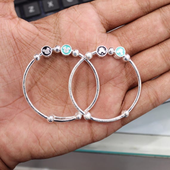 925 Sterling Silver Kids Bangles, Adjustable Baby Bracelets with Cute Cartoon Charms, Handmade Silver Kada for Toddlers, Gift for Kids