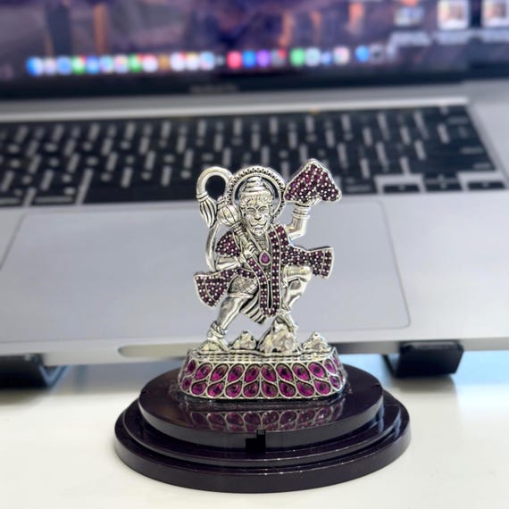 Silver Hanuman Idol with Ruby Stones: Hindu God Car Dashboard Statue