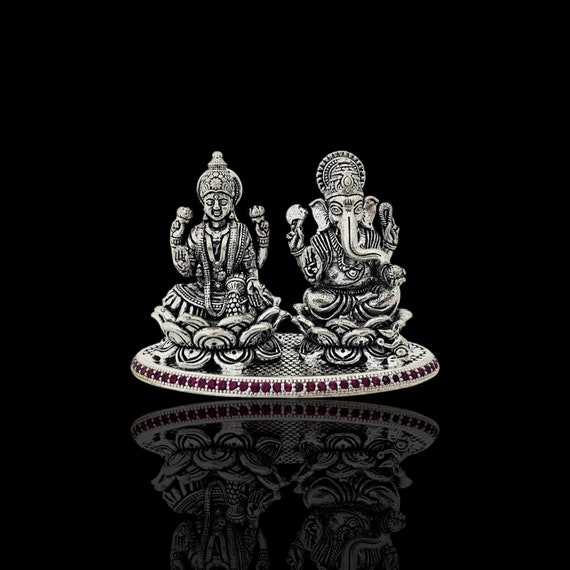 Silver Lakshmi Ganesha Idol Set: Ruby Border Lotus Base