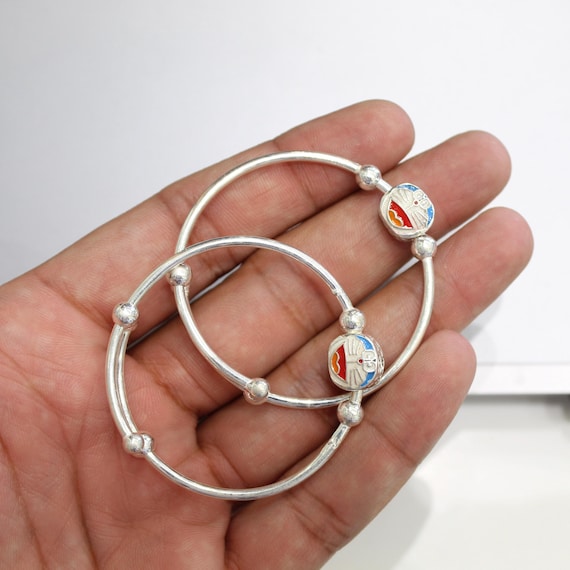 925 Sterling Silver Adjustable Kids Bangles Pair | Baby Girl Silver Kada Bracelets with Colorful Cartoon Enamel | Cute Baby Jewelry Gift