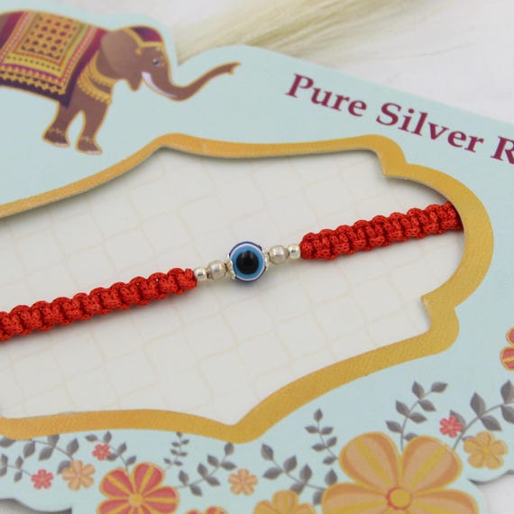 Silver Evil Eye Rakhi, Red Thread, Raksha Bandhan Protection Jewelry