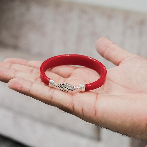 Sterling Silver Red Velvet Kada Bracelet | Adjustable Handmade Ethnic Cuff