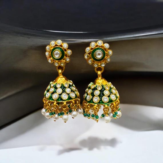 Gold Polished Pure Silver Kundan Jhumka Earrings with Pearls & Green Enamel Detailing - Ethnic Statement Jewelry