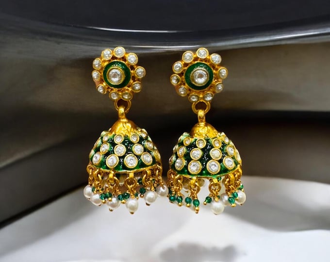 Featured listing image: Gold Polished Pure Silver Kundan Jhumka Earrings with Pearls & Green Enamel Detailing - Ethnic Statement Jewelry